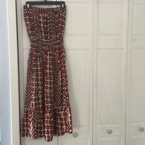 Parker silk strapless red geo print dress